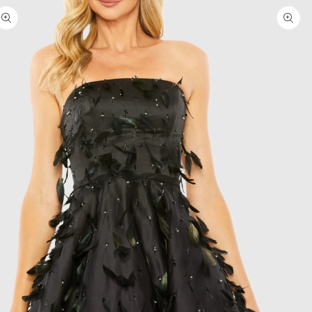 Mac Duggal Strapless Black Dress with Feather Accents